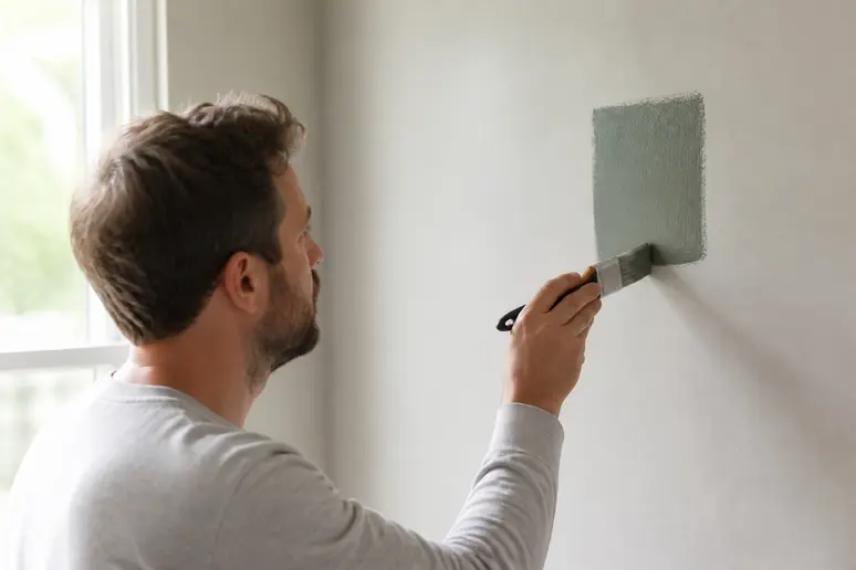 Application d'un testeur de peinture sur un mur pour valider la teinte réelle