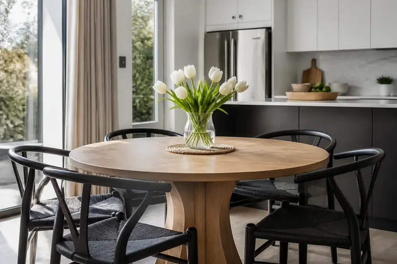 Table ronde en bois installée dans une cuisine lumineuse pour optimiser l'espace de circulation.