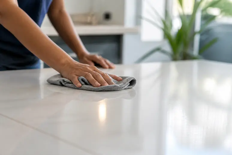 Nettoyage facile d'un plateau de table de cuisine en céramique résistante au quotidien.