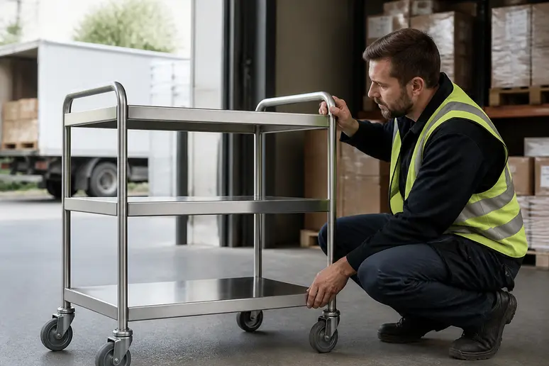 Agent vérifiant l'état d'un chariot en inox lors d'un transport sécurisé cuisine industrielle.