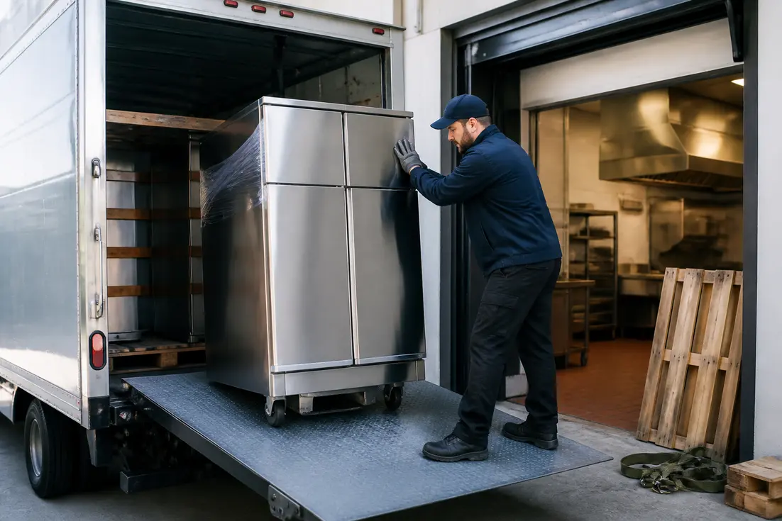 Manutention de matériel professionnel avec un transport sécurisé cuisine industrielle dans une zone de livraison