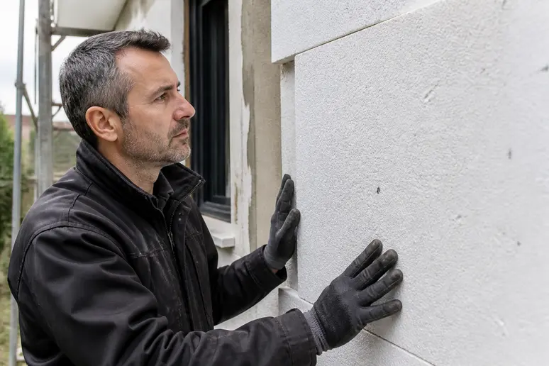 Expert contrôlant l'isolation thermique extérieure d'une maison dans le cadre des aides de la métropole grenobloise