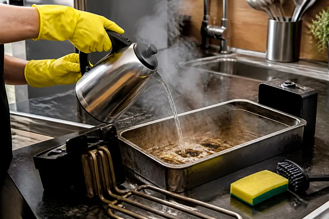 Une personne verse de l'eau chaude dans la cuve pour savoir comment dégraisser une friteuse facilement.
