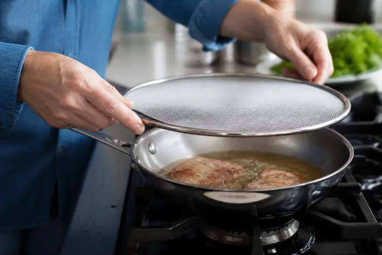 Utilisation d'une grille anti-projections sur une poêle pour cuisiner sans hotte aspirante.