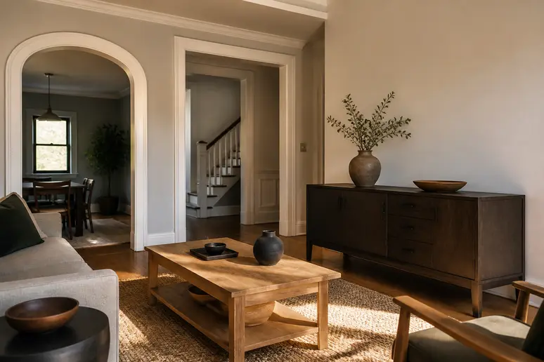 Association d'un meuble TV en bois foncé et d'une table basse claire dans un salon lumineux