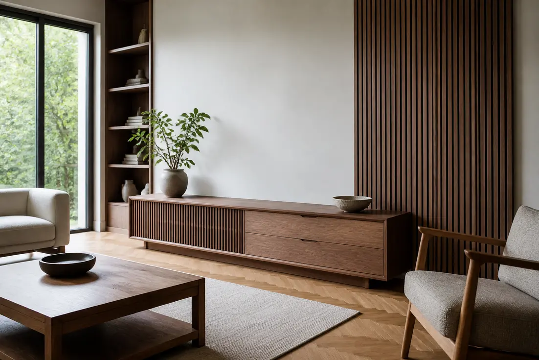 Un salon lumineux avec des meubles en bois mélangés démontre comment harmoniser meuble TV dans un intérieur moderne