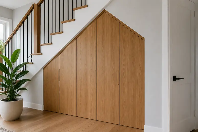 Placard fermé sur mesure installé sous un escalier pour optimiser le rangement