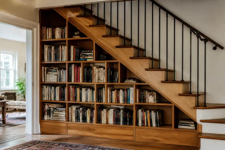Bibliothèque sur mesure intégrée dans l'espace de rangement sous un escalier