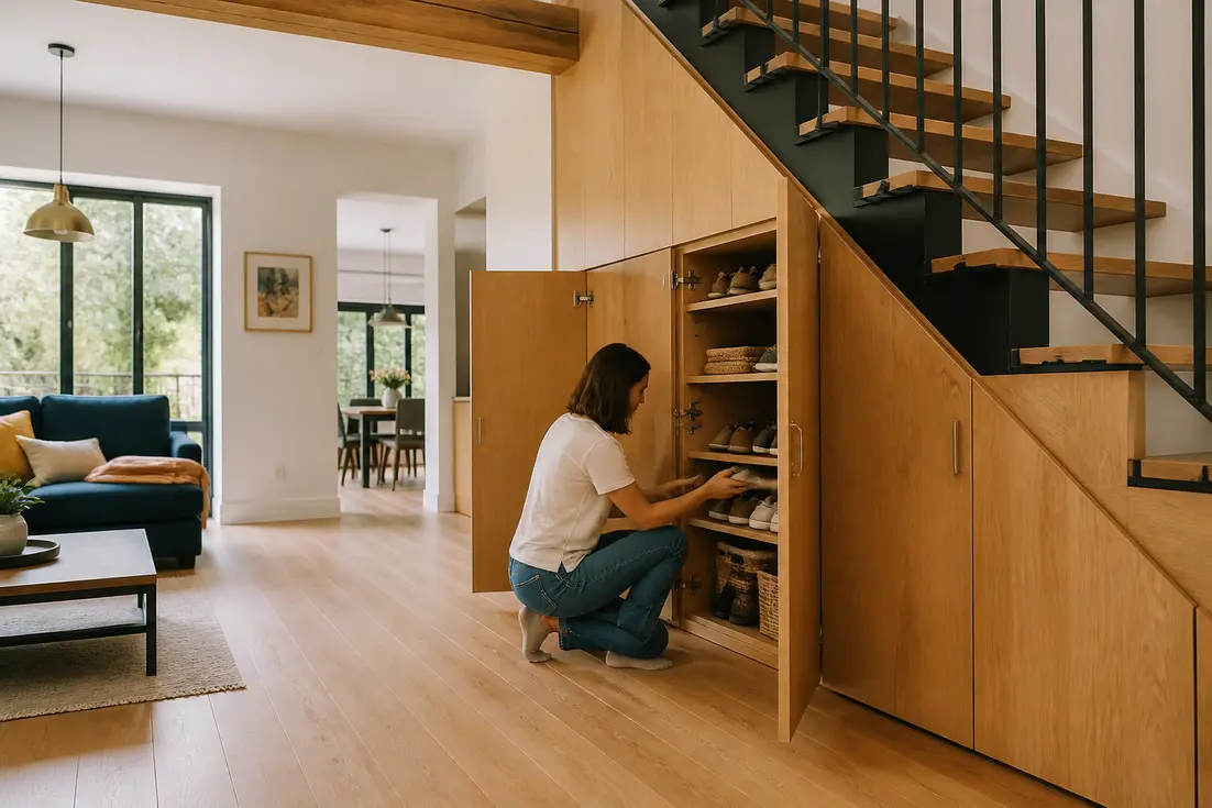 Aménagement sur mesure avec des idées rangement sous escalier dans un salon moderne