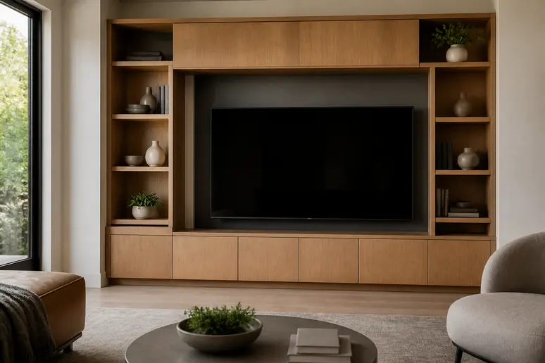 Aménagement d'un meuble TV bibliothèque moderne avec niches de rangement et espace pour l'écran