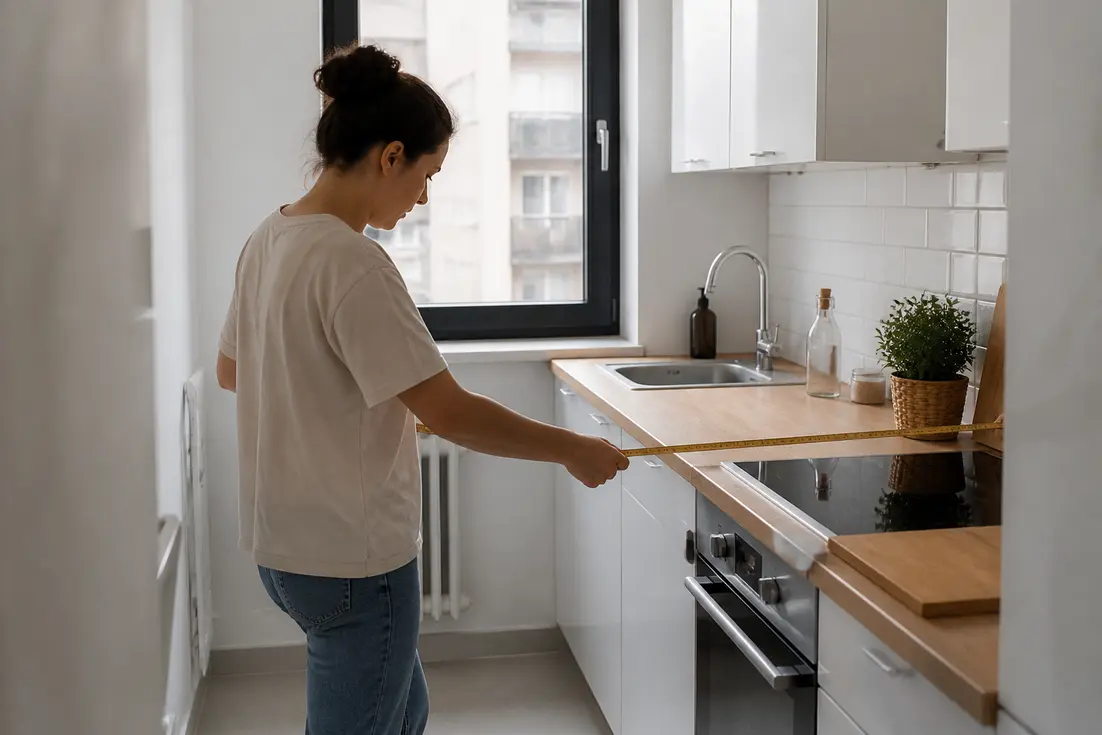 Jeune femme mesurant l'espace d'une cuisine moderne pour un aménagement petite cuisine réussi.