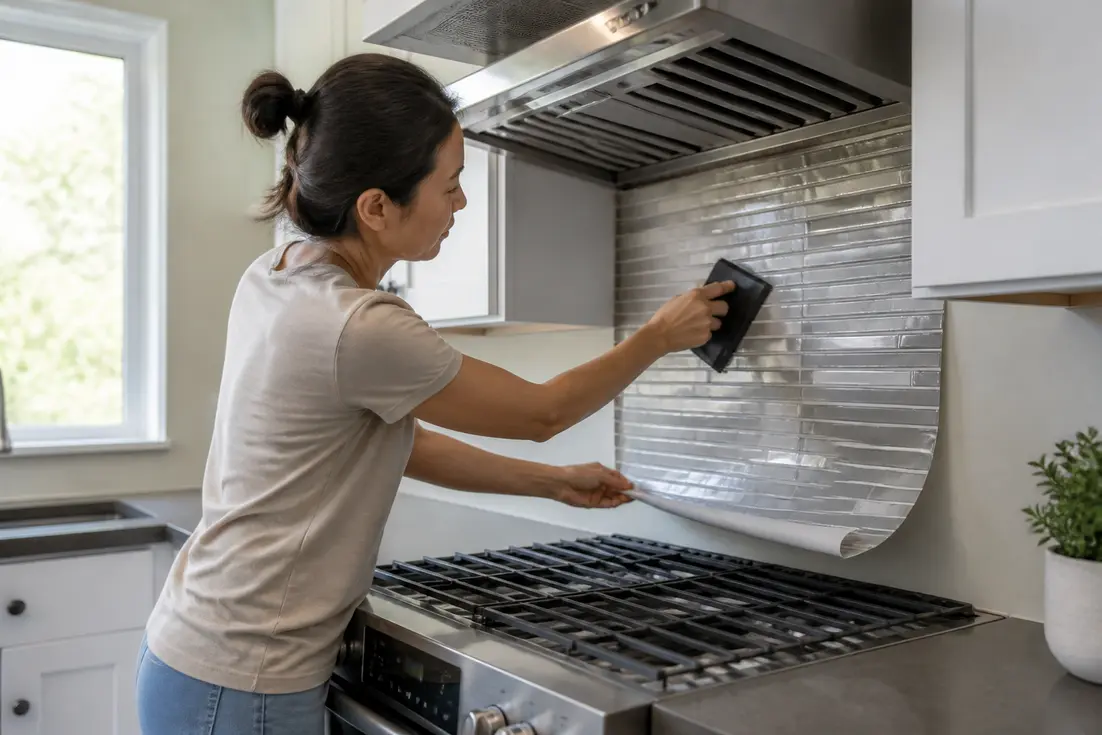Bricoleur qui montre comment poser crédence autocollante résistante à la chaleur derrière une plaque de cuisson.