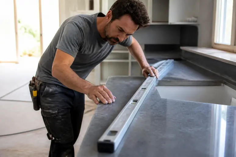 Poseur ajustant un plan de travail en bois lors de l'installation de la cuisine
