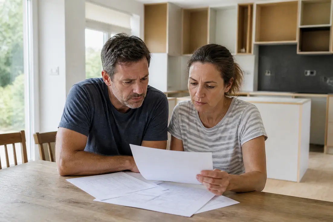 couple analysant un devis de rénovation pour estimer le prix d'une cuisine équipée