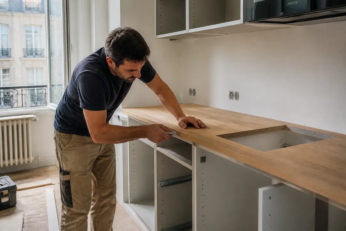 artisan installant un meuble dans une cuisine moderne pour illustrer le prix pose cuisine
